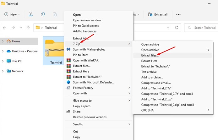 Πώς να αποσυμπιέσετε αρχεία στα Windows 11 (6 καλύτερες μέθοδοι) 18 7-Zip > Extract Files