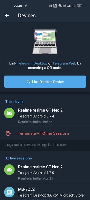 δείτε όλες τις συσκευές που χρησιμοποιήσατε για να συνδεθείτε στο Telegram
