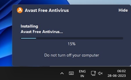 περιμένετε μέχρι να εγκατασταθεί το Avast Free Antivirus