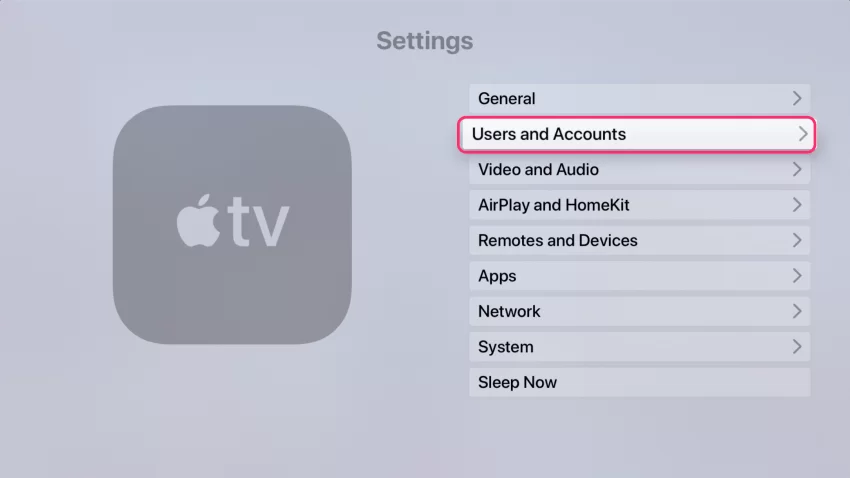 Πατήστε Χρήστες και Λογαριασμοί στο Apple TV 