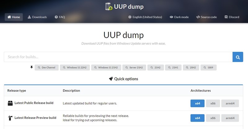 UUP Dump λήψη των windows 11 iso