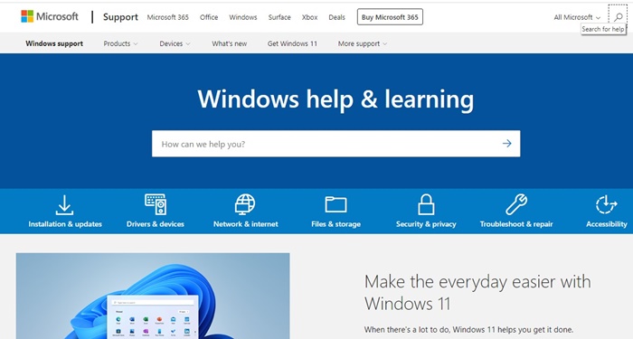 Ιστοσελίδα βοήθειας και εκμάθησης των Windows