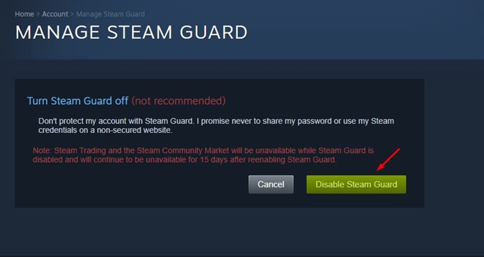 Απενεργοποιήστε το Steam Guard