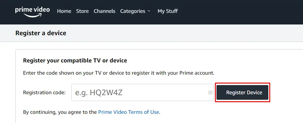 Κάντε κλικ στην Εγγραφή συσκευής για να ενεργοποιήσετε την εφαρμογή Amazon Prime