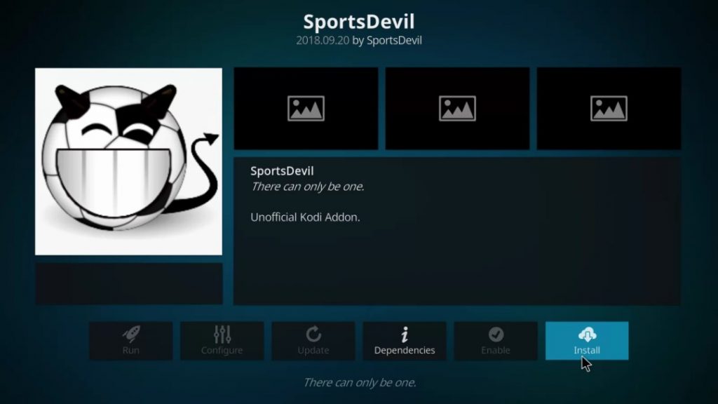 Κάντε κλικ στην Εγκατάσταση για να εγκαταστήσετε το πρόσθετο SportsDevil στο Kodi σας