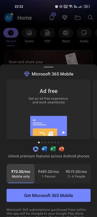 select the Microsoft 365 Mobile plan