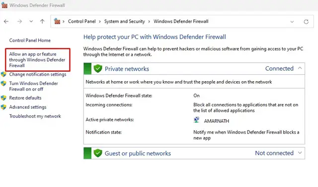 Επιτρέψτε μια εφαρμογή ή μια δυνατότητα μέσω του Τείχους προστασίας του Windows Defender