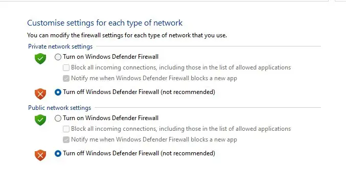 Απενεργοποιήστε το τείχος προστασίας του Windows Defender