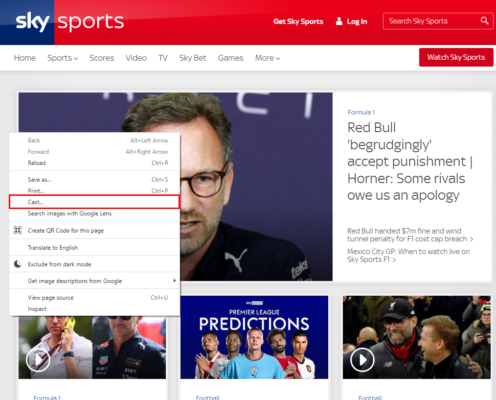 Κάντε κλικ στην επιλογή Μετάδοση στο Chromecast Sky Sports 