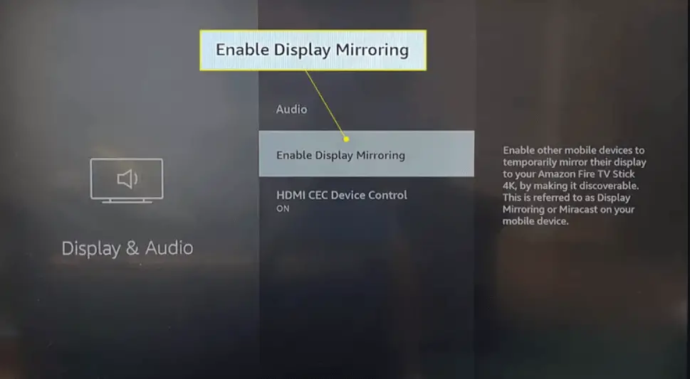 Επιλέξτε Enable Display Mirroring για μετάδοση της Μουσικής YouTube στο Firestick