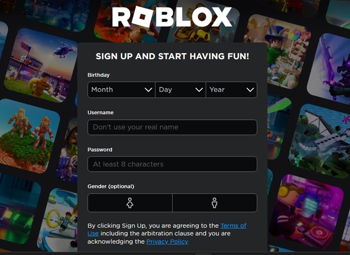 Σελίδα εγγραφής λογαριασμού Roblox