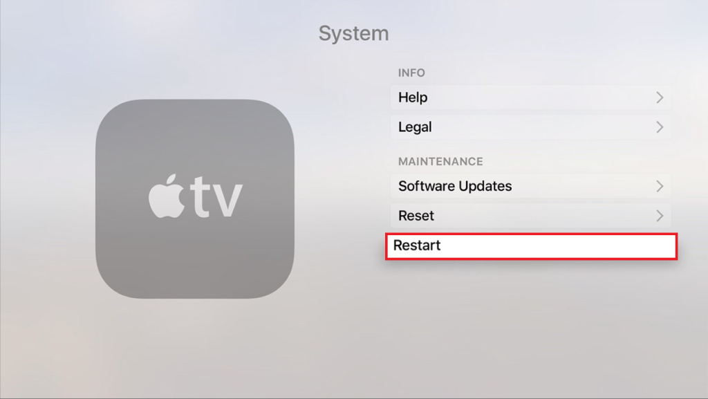 Επιλέξτε Επανεκκίνηση - Το Apple TV συνεχίζει την επανεκκίνηση