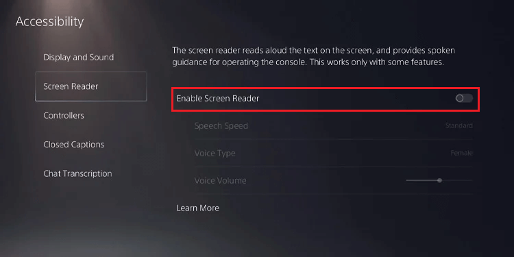 Κάντε κλικ στο Enable Screen Reader - How to Turn Off Voice PS5 