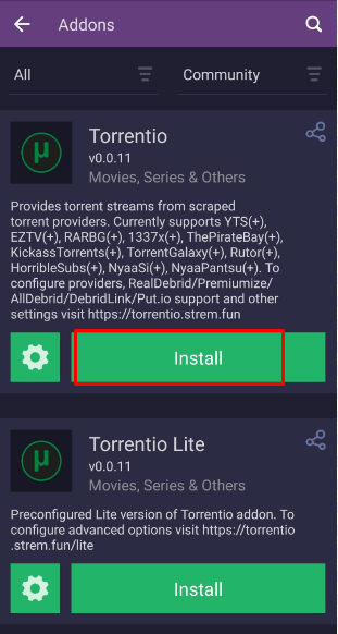 Πατήστε το κουμπί Εγκατάσταση για να εγκαταστήσετε το Torrentio στο Stremio