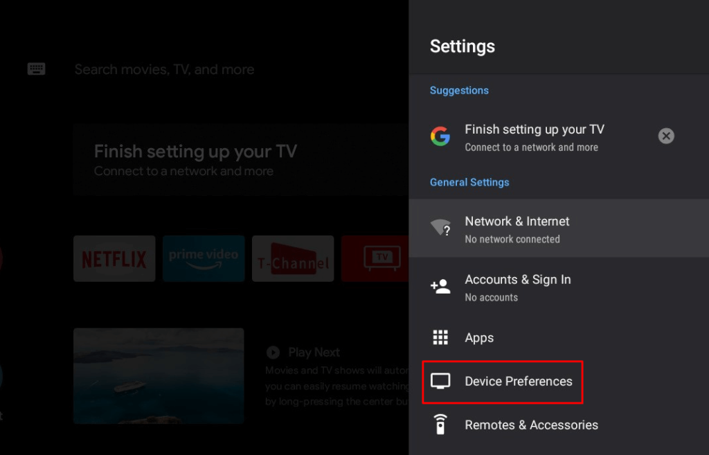 Επιλέξτε Προτίμηση συσκευής για να επαναφέρετε το στοιχείο Android TV