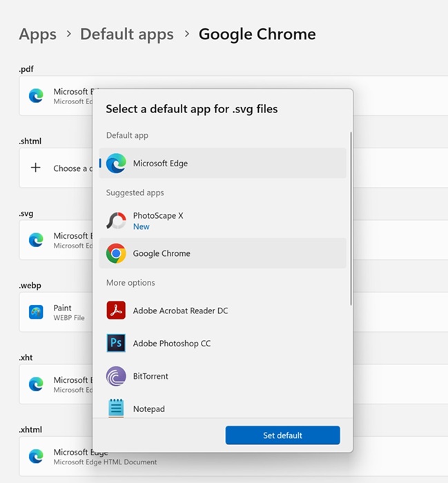 ορίστε το Google Chrome ως την προεπιλεγμένη εφαρμογή για άλλους τύπους αρχείων