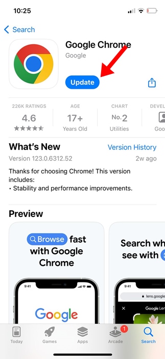 Ενημερώστε το πρόγραμμα περιήγησης Chrome στο iPhone