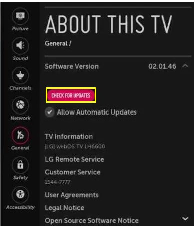 Πατήστε την επιλογή Έλεγχος για ενημερώσεις για να ενημερώσετε την LG Smart TV