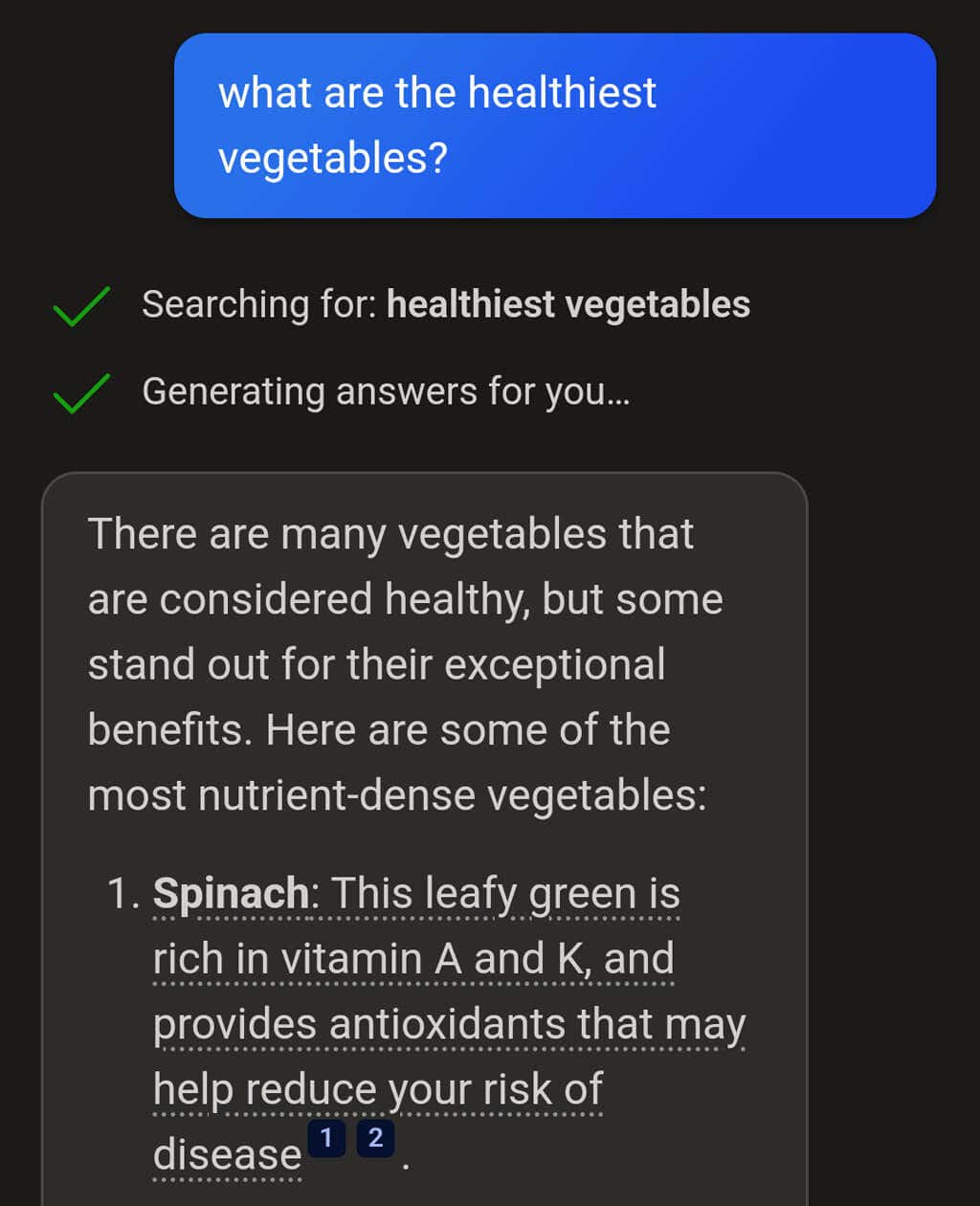 Η απάντηση του Copilot στην ερώτηση, "Ποια είναι τα πιο υγιεινά λαχανικά;"