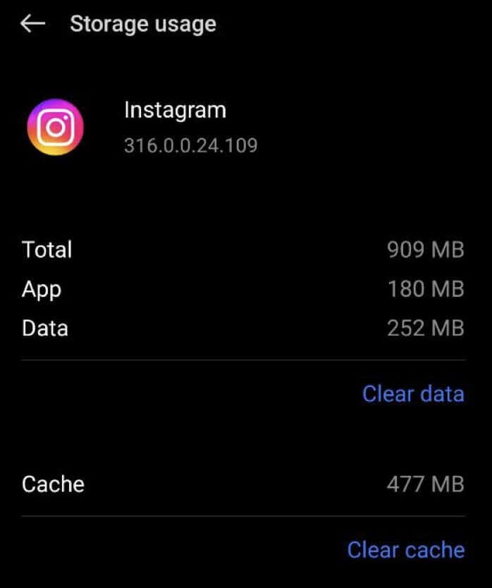 Στιγμιότυπο οθόνης του Instagram καθαρισμού δεδομένων και επιλογών διαγραφής προσωρινής μνήμης Android