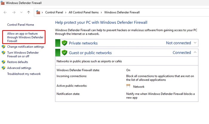 «Να επιτρέπεται μια εφαρμογή ή μια δυνατότητα μέσω του τείχους προστασίας του Windows Defender
