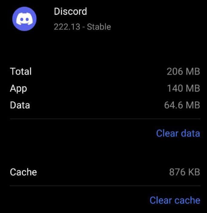 Στιγμιότυπο οθόνης εκκαθάρισης της προσωρινής μνήμης Discord στο Android