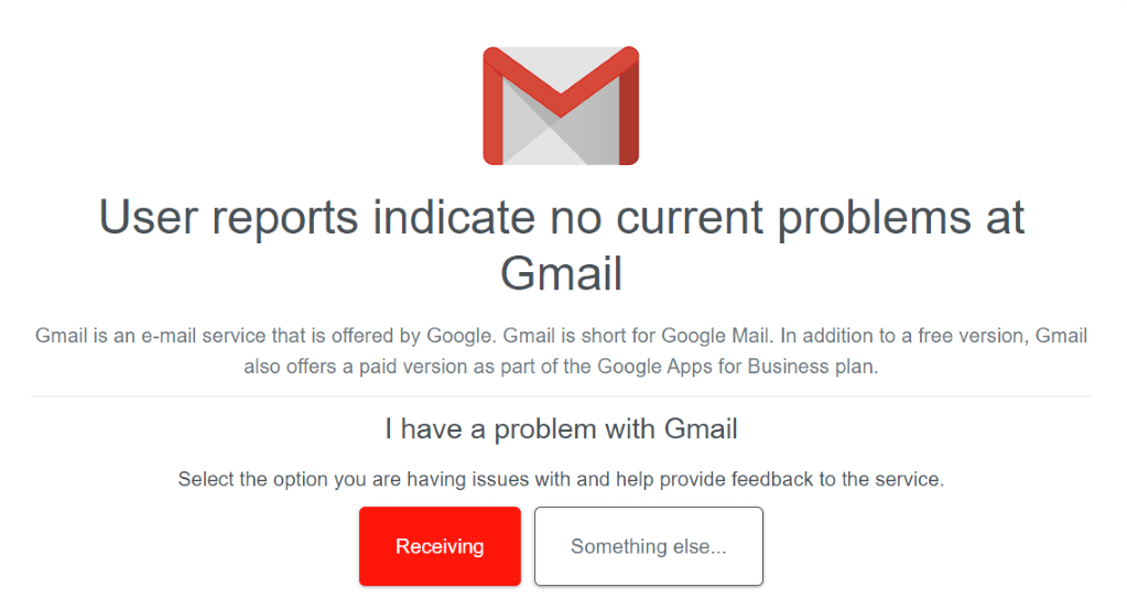 Η σελίδα του Gmail στον ιστότοπο Downdetector.