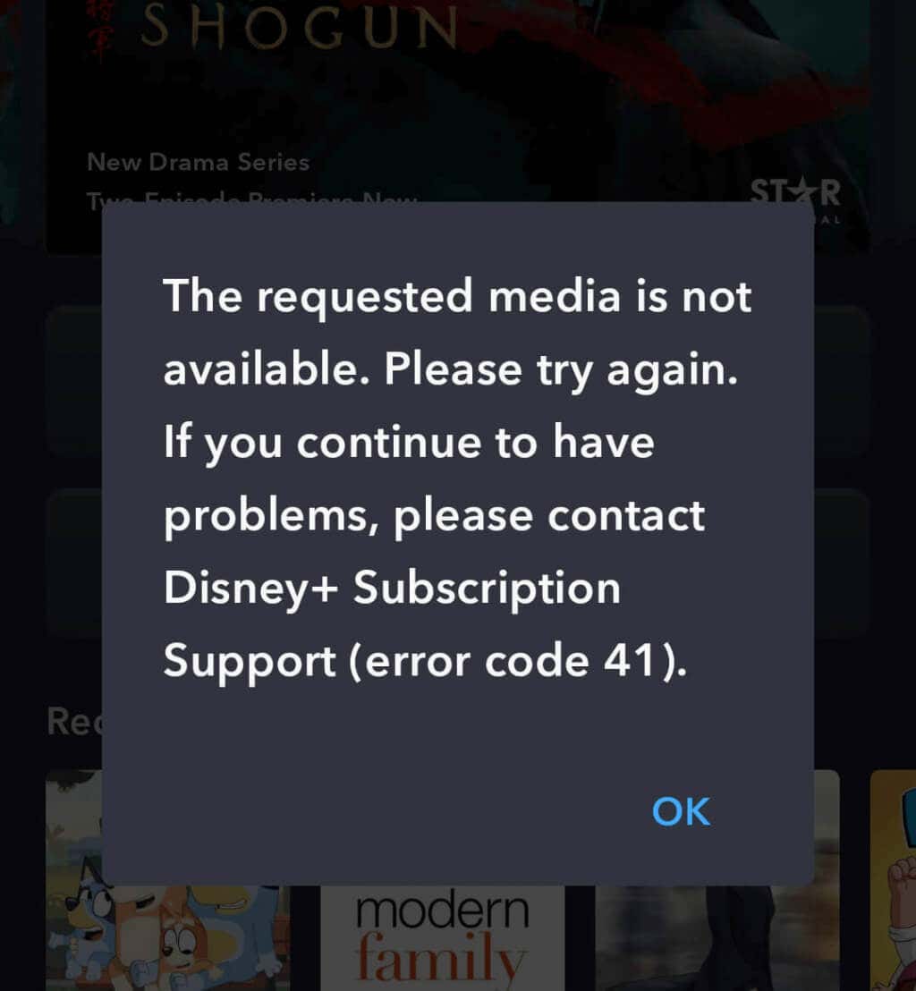 Κωδικός σφάλματος 41 στο Disney Plus, ο οποίος διαβάζει "Τα μέσα που ζητήσατε δεν είναι διαθέσιμα. ΠΑΡΑΚΑΛΩ προσπαθησε ξανα."
