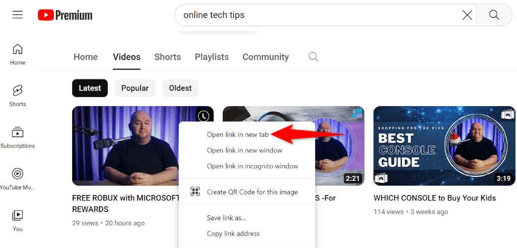 "Ανοιγμα συνδέσμου σε νέα καρτέλα" επισημαίνεται για ένα βίντεο YouTube στο Google Chrome.