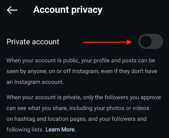 Στιγμιότυπο οθόνης από την εφαρμογή Instagram μετατρέψτε τον λογαριασμό ιδιωτικού