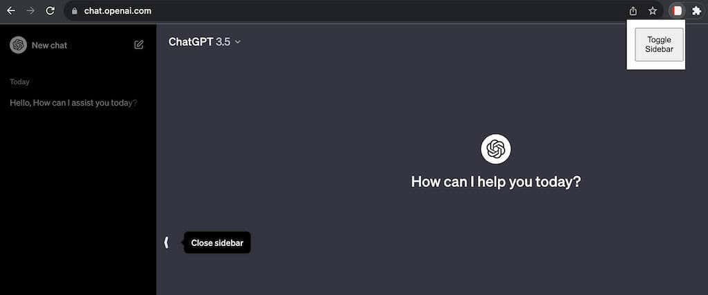 Στιγμιότυπο οθόνης του ChatGPT με Απόκρυψη επέκτασης Chrome Sidebar