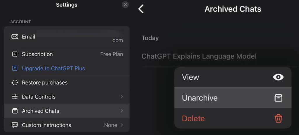 Στιγμιότυπο οθόνης της εφαρμογής ChatGPT για iOS - πώς να καταργήσετε την αρχειοθέτηση των συνομιλιών