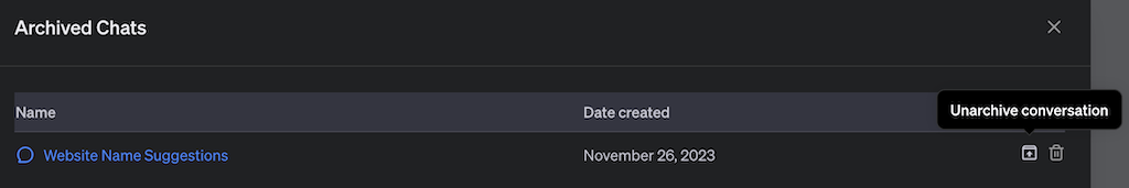 Στιγμιότυπο οθόνης ChatGPT Αρχειοθετημένη συνομιλία - Κατάργηση αρχειοθέτησης της επιλογής συνομιλίας