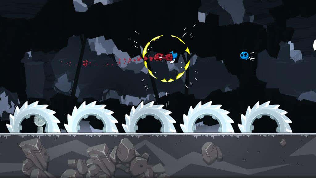 Ένα στιγμιότυπο οθόνης του Super Meatboy forever όπου ο κύριος χαρακτήρας εκτελεί μια επίθεση φόρτισης στον αέρα.