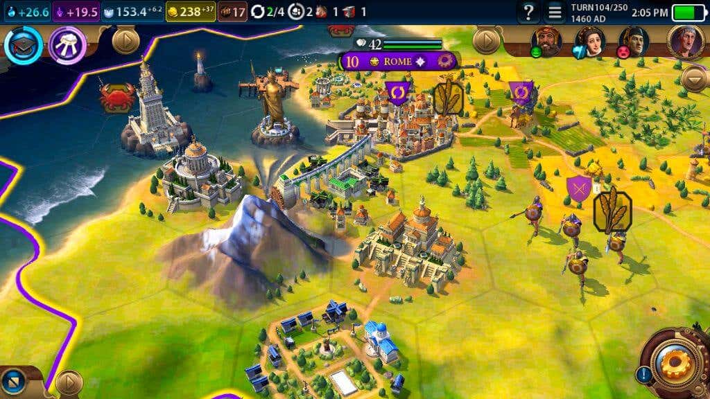 Ένα στιγμιότυπο του παιχνιδιού Civilization VI, που δείχνει τον εξαγωνικό χάρτη και τις δομές.