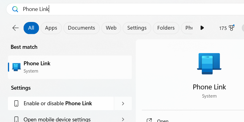 Άνοιγμα της εφαρμογής Phone Link στα Windows.