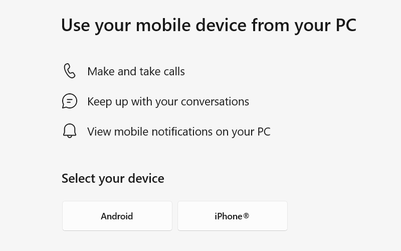 Επιλογή κινητής συσκευής στην εφαρμογή Phone Link στα Windows.