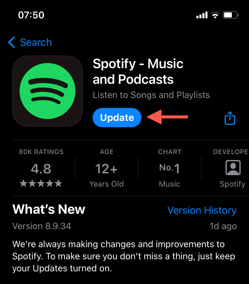 Η επιλογή Ενημέρωση επισημαίνεται στη σελίδα App Store του Spotify.