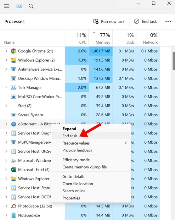 Τερματισμός εργασίας qBittorrent από τη Διαχείριση εργασιών