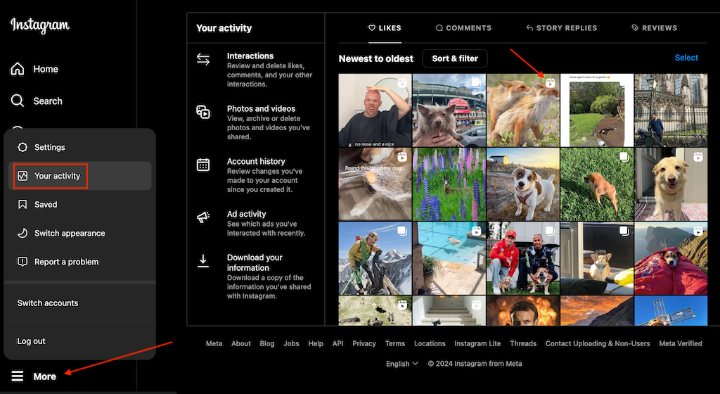 Screenshot of Your Activity menu on Instagram web - 02_your activity on Instagram