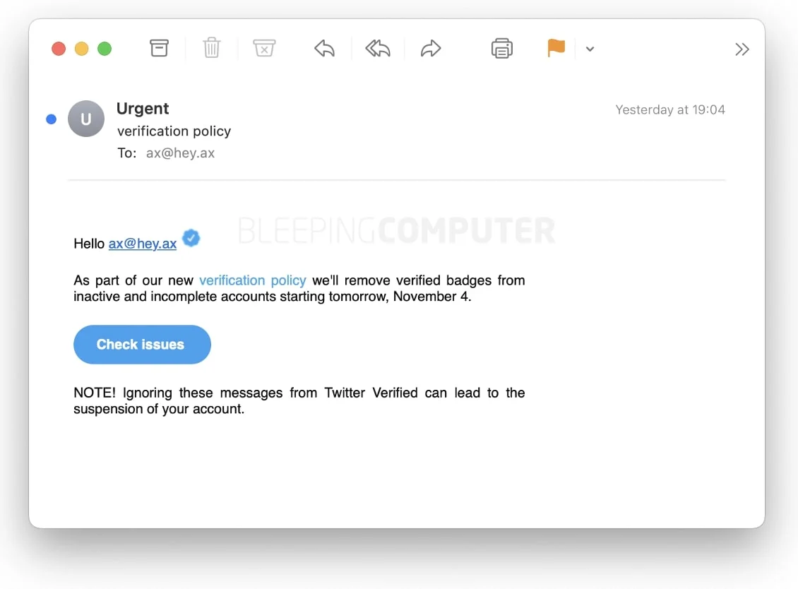 Ένα ψεύτικο email επαλήθευσης Twitter email ηλεκτρονικού ψαρέματος