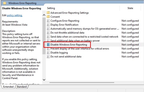 Απενεργοποίηση αναφοράς σφαλμάτων των Windows