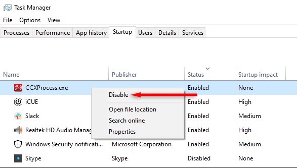 Απενεργοποίηση του CCXProcess.exe από τη Διαχείριση Εργασιών