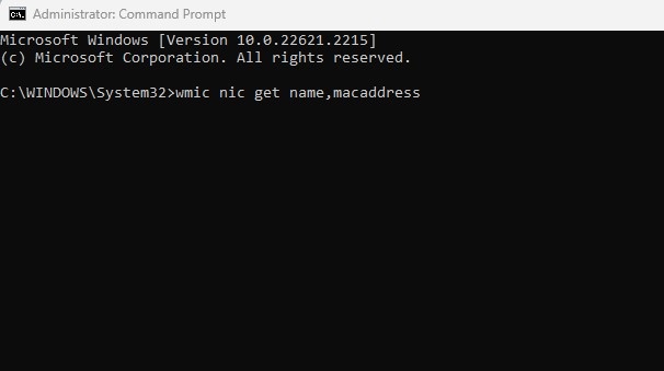 wmic nic get name, macaddress