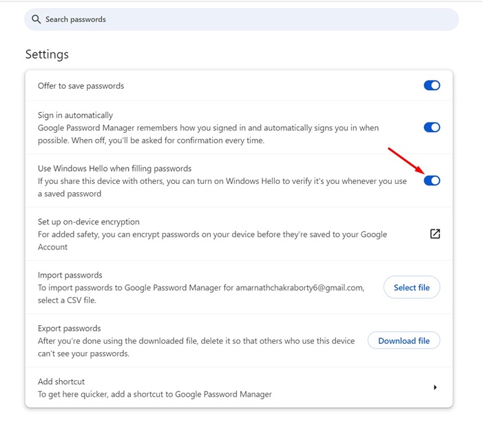 Χρήση του Windows Hello κατά την συμπλήρωση κωδικών πρόσβασης