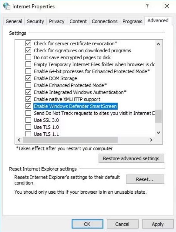Απενεργοποιήστε το Windows Defender SmartScreen μέσω των ιδιοτήτων Internet