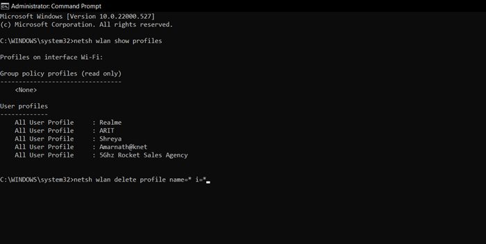 netsh wlan διαγραφή προφίλ όνομα=* i=*