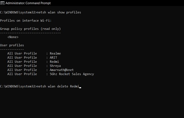 netsh wlan διαγραφή προφίλ όνομα=