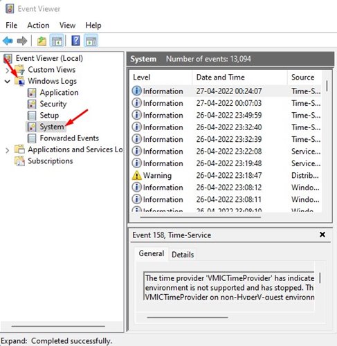 Αρχεία καταγραφής των Windows > Σύστημα