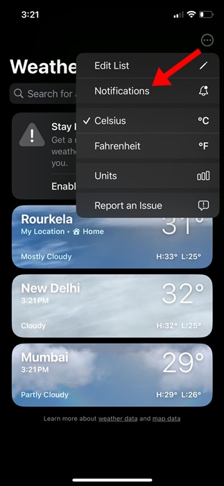 ειδοποιήσεις βροχής στο iPhone